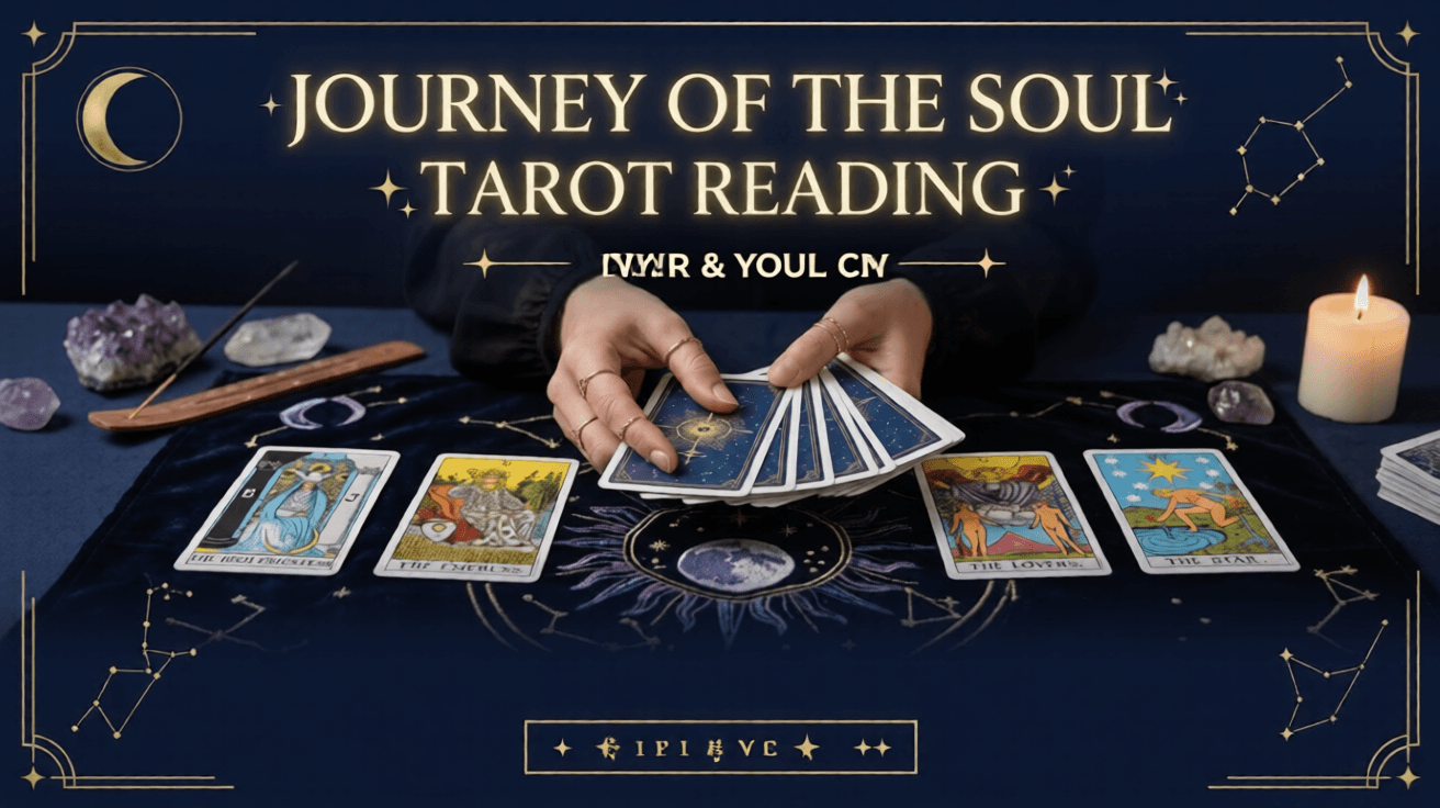 Journey of the Soul tarot reading banner with cards and candlelight
