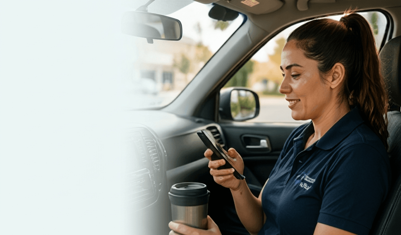 Support worker in car using CareStamp